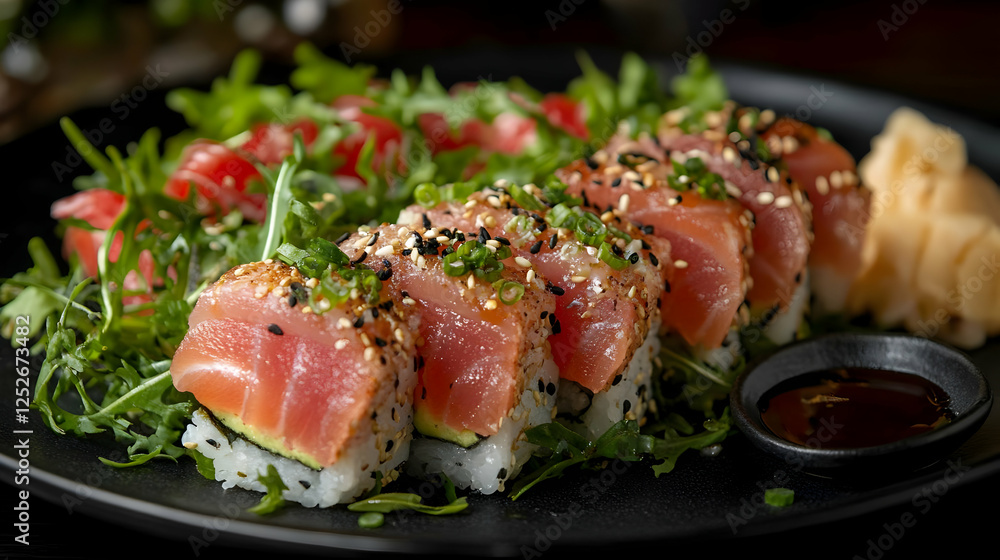 Assorted Salmon Sushi Rolls On Dark Plate Assorted Salmon Sushi Rolls On Dark Plate