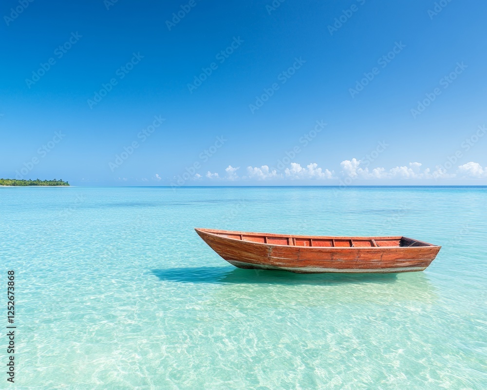 Naklejka premium Traditional Wooden Fishing Boat Anchored in Tropical Waters