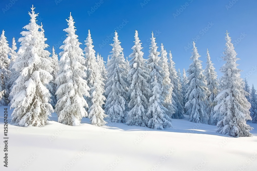 Lush Snow-Covered Pine Trees Under Clear Blue Sky in Winter Landscape Lush Snow-Covered Pine Trees Under Clear Blue Sky in Winter Landscape