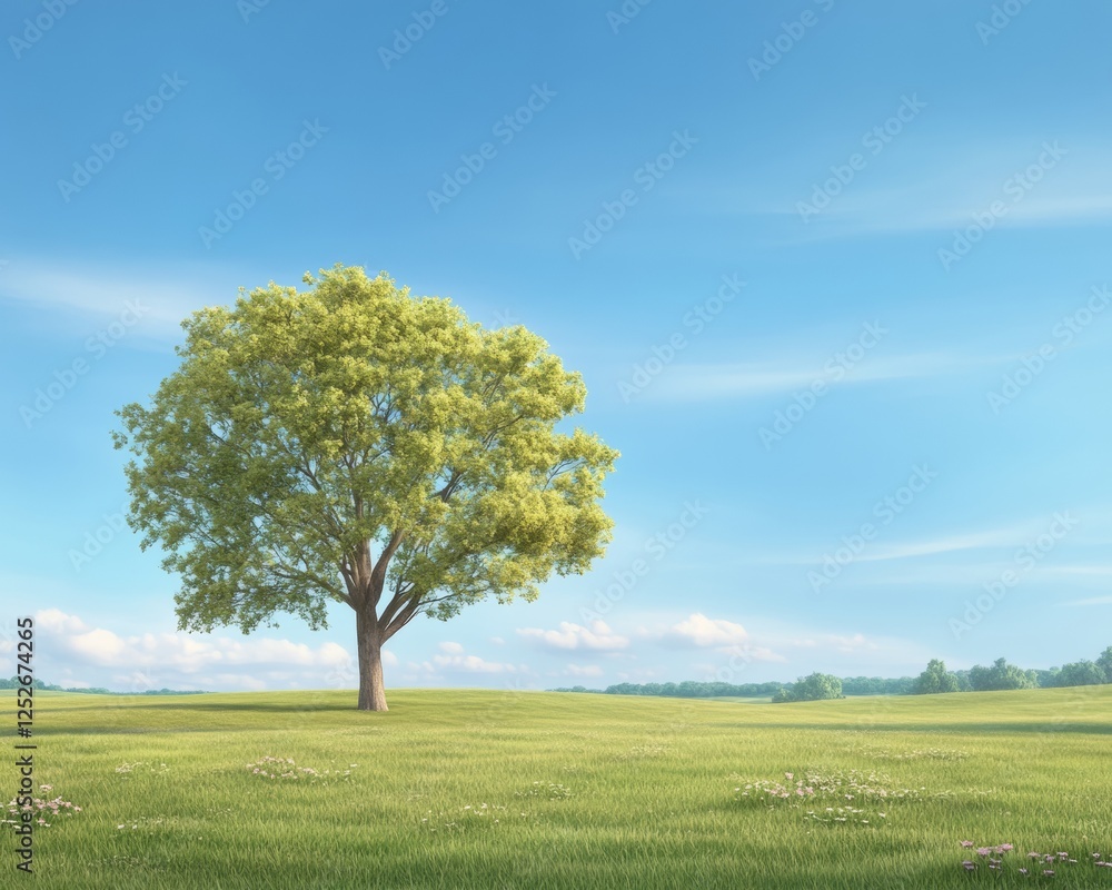 Majestic Tree Growing in a Serene Open Field Under Bright Sky Majestic Tree Growing in a Serene Open Field Under Bright Sky