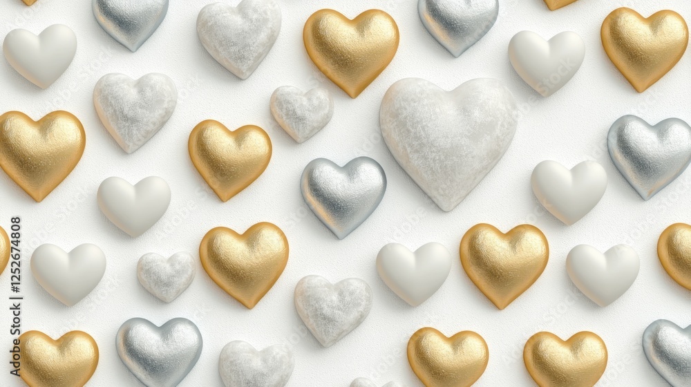 Obraz premium Gold, silver, white hearts background, love concept, Valentine's