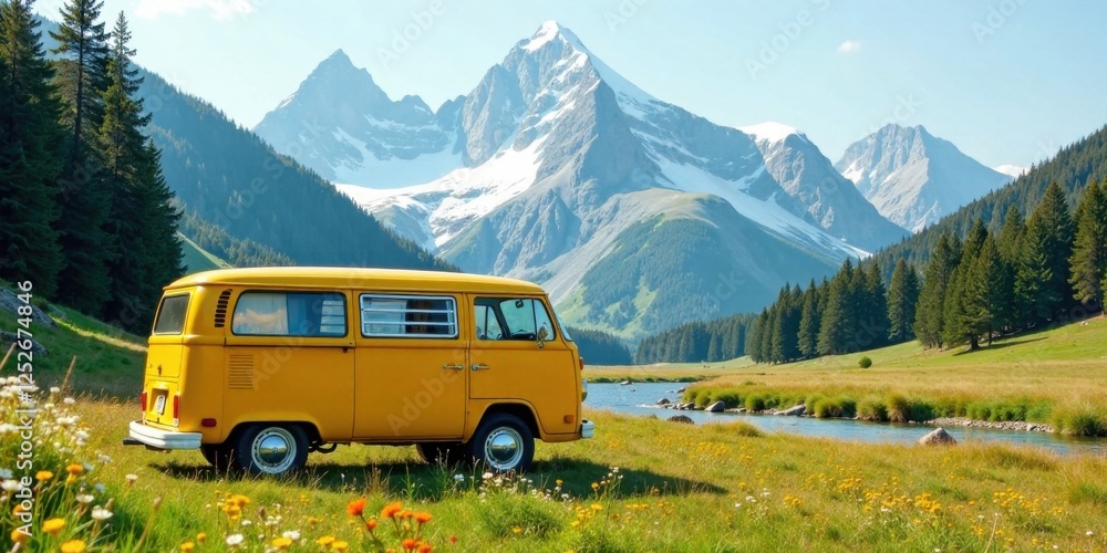 A vibrant yellow camper van parked in a serene alpine meadow, beside a tranquil river, with majestic snow-capped mountains forming a breathtaking backdrop. A vibrant yellow camper van parked in a serene alpine meadow, beside a tranquil river, with majestic snow-capped mountains forming a breathtaking backdrop.