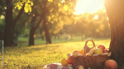 Fototapeta Naklejka Na Ścianę i Meble -  Sunlit Picnic Scene with Fresh Apples and Rustic Basket in Park