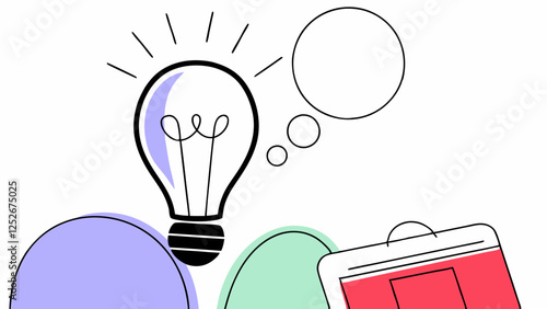A light bulb with radiating lines suggests an idea or inspiration, accompanied by thought bubbles. The composition includes abstract shapes and a clipboard, creating a conceptual layout.AI