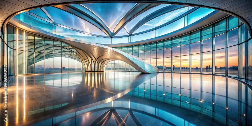 Fototapeta premium Modern Architectural Design Featuring a Curving Glass Facade and Reflective Pool at Sunset