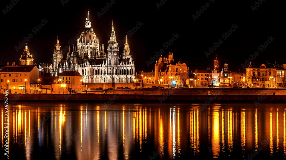 Obraz premium Night Cityscape, Illuminated Buildings, River Reflection