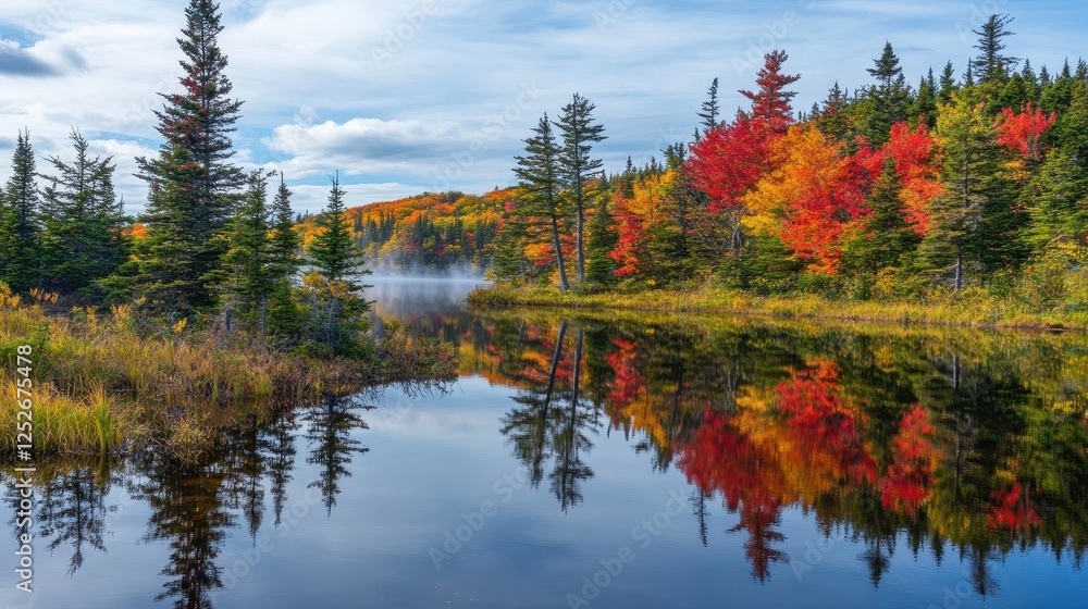Fototapeta premium Tranquil Autumn Landscape with Reflections in Calm Water