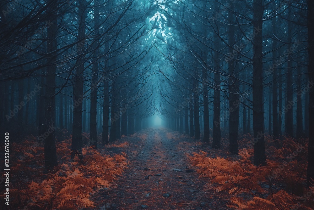 Fototapeta premium Enchanting Pine Forest Trail Through Misty Autumn Landscape