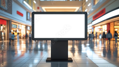 Mall Digital Signage Mockup: A blank digital screen stands prominently in a bustling modern shopping mall, providing a perfect mockup for advertising or marketing campaigns.