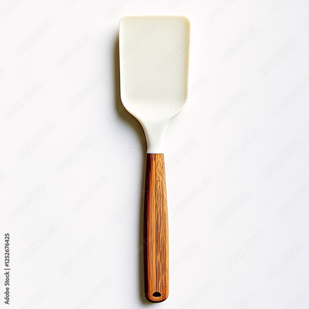 White spatula with a wooden handle on white background White spatula with a wooden handle on white background