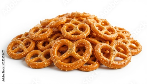 piles of pretzels on a white background, delicious baked snacks photo