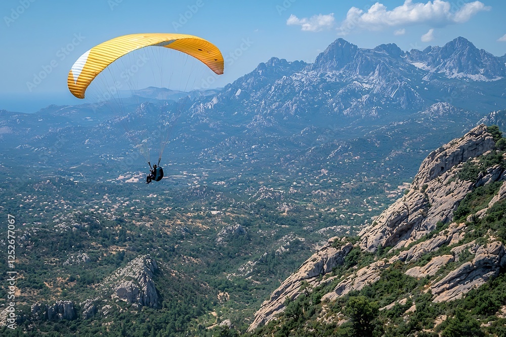 Paraglider Soaring Over Scenic Mountain Valleys With Dramatic Landscapes Paraglider Soaring Over Scenic Mountain Valleys With Dramatic Landscapes