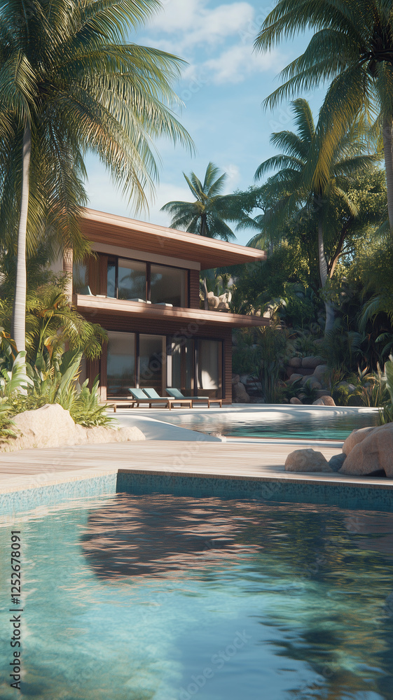 Fototapeta premium Elegant modern resort nestled in nature with a private pool and lounge chairs 