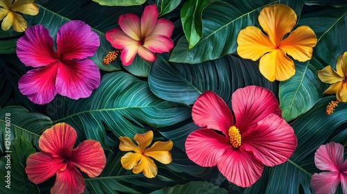 Wallpaper Mural Exotic jungle flowers in vibrant colors with leaves in the background Torontodigital.ca