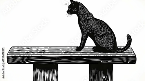Black Cat on Wooden Bench I...