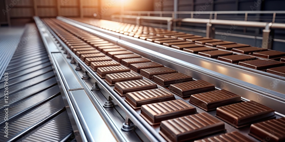 Fototapeta premium Gleaming Conveyor Belts Transporting Rows of Delicious Chocolate Bars in a Modern Factory Setting