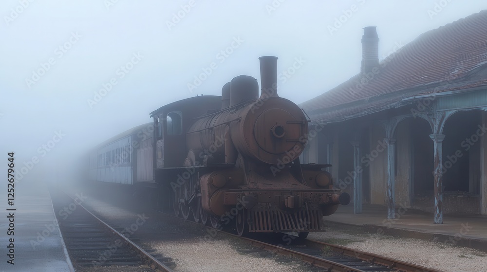 Naklejka premium Vintage Steam Locomotive in Dense Fog at an Abandoned Station