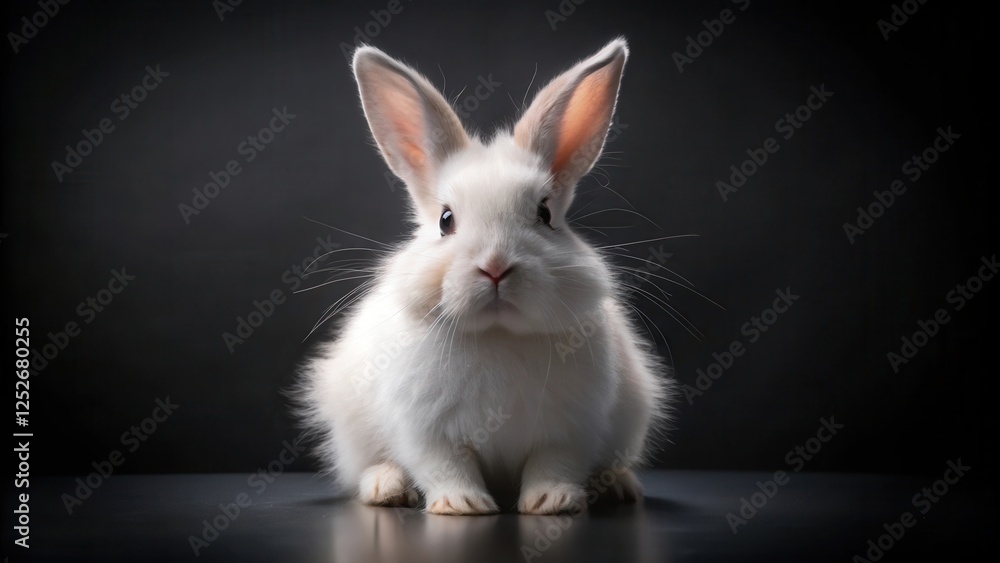 Fototapeta premium A Fluffy White Rabbit Posing Against a Dark Background, Adorable Pet, Soft Fur, Cute Creature, Small Mammal