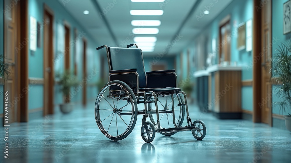 A solitary wheelchair positioned in a hospital corridor, with doors and plants in the background A solitary wheelchair positioned in a hospital corridor, with doors and plants in the background
