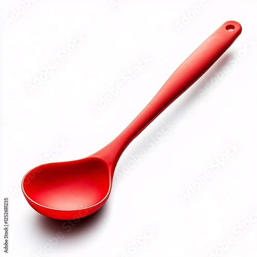 A bright red silicone cooking ladle rests on white photo