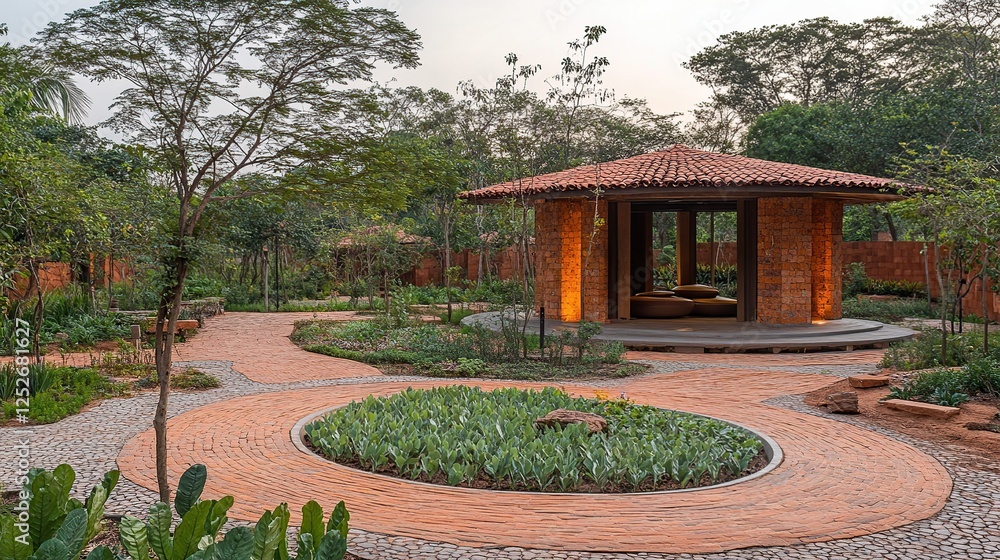 Obraz premium Brick pavilion, garden path, tropical setting, meditation