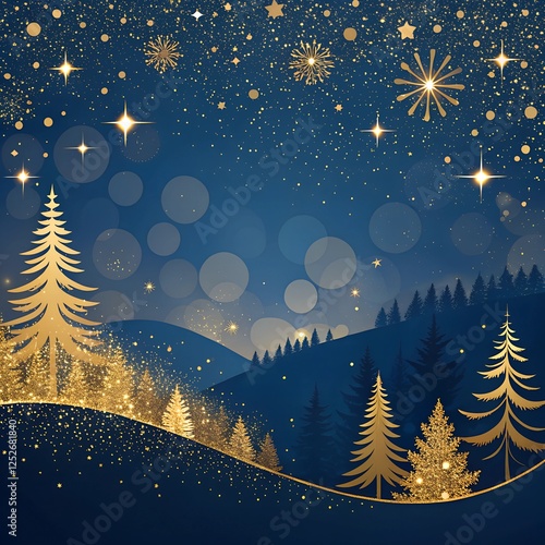 Abstract dark blue and gold particle background with Christmas golden light bokeh, shining particles on navy blue, gold foil texture, festive holiday concept