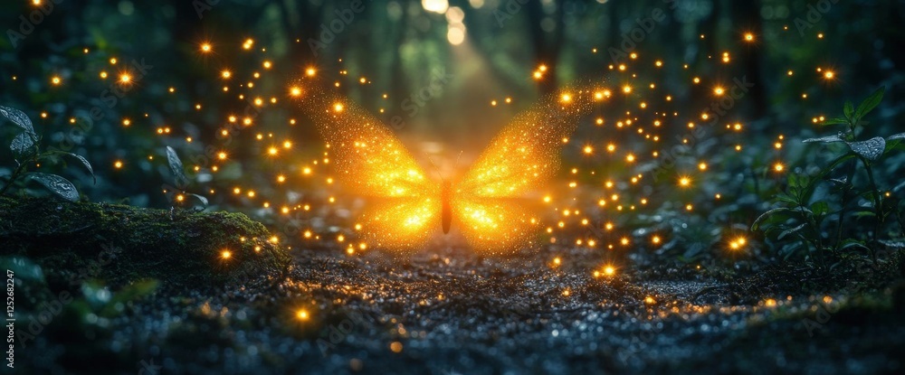 Obraz premium Glowing Butterfly In Dark Forest
