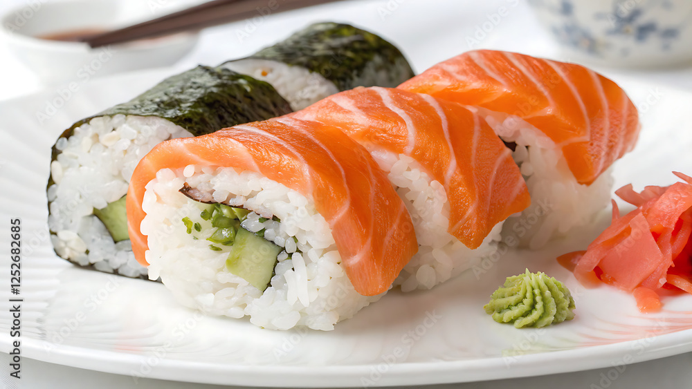 Delicious sushi rolls and salmon nigiri with fresh seafood, wasabi, ginger, and soy sauce on a white plate, close-up shot  
