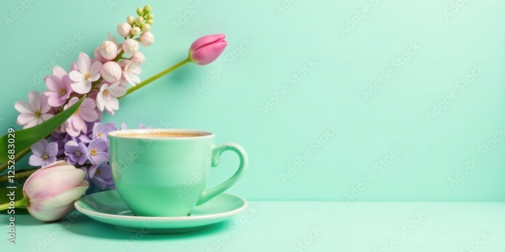 Serene Spring Morning A Pastel Cup of Coffee with Delicate Blossoms and Tulips on a Mint Background