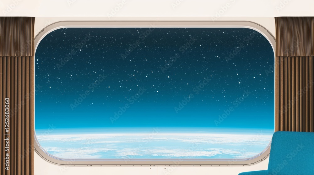 Naklejka premium Stunning View of Earth from Spacecraft Window: Blue Horizon and Starry Sky