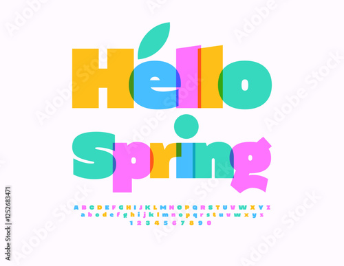 Vector Colorful Card Hello Spring. Transparent Watercolor Font. Modern Alphabet Letters and Numbers.