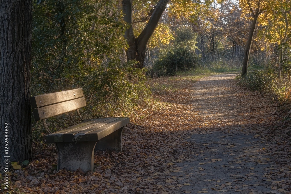 Serene Pathway with Wooden Bench Surrounded by Autumn Foliage Serene Pathway with Wooden Bench Surrounded by Autumn Foliage