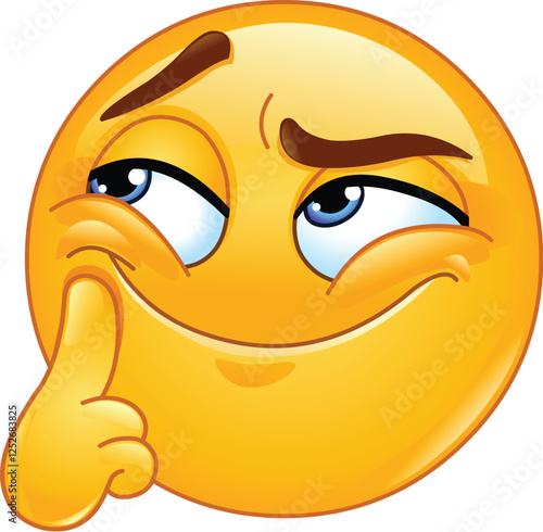 Emoji Emoticon with a Sly Smirk, Raised Eyebrows, and a Finger Resting on Its Cheek, Exuding Mischief, Playful Scheming or Thinking