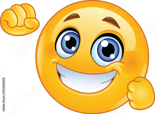 Happy Emoji Emoticon with a Big Smile and Raised Fists, Expressing Excitement and Success