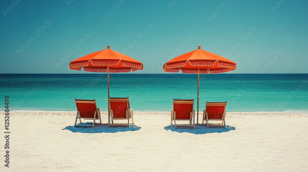 Fototapeta premium Beach chairs, umbrellas, ocean view, relaxation