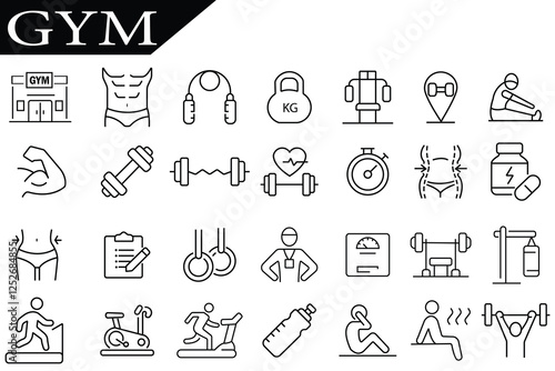 GYM Icons, gym vector set. Fitness icon vector, gym, sports equipment, exercises icon vector set. Fitness icons set. Healthy lifestyle symbols. Vector illustration in modern thin line style.