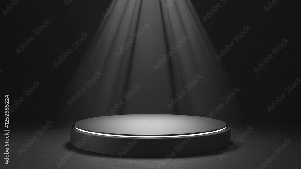 Dark room, spotlight, round platform, product display Dark room, spotlight, round platform, product display