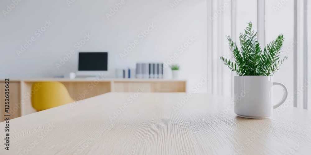 Naklejka premium Modern minimalist office workspace with a small plant in a white cup. Light wood desk, yellow chair, computer. Bright and airy, calm atmosphere