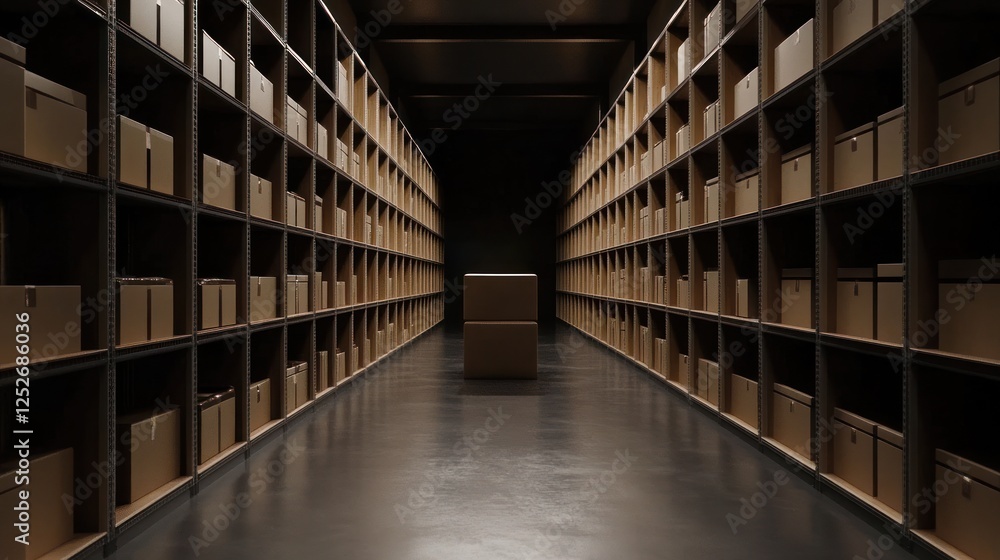Fototapeta premium Dark warehouse aisle, stacked boxes, logistics, storage, distribution