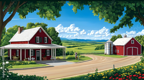 Farmhouse Illustration Red ...
