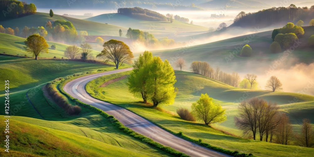 Obraz premium Serene morning mist rolls across gently sloping hills, a winding road meandering through vibrant spring foliage, sunlight illuminating the picturesque landscape