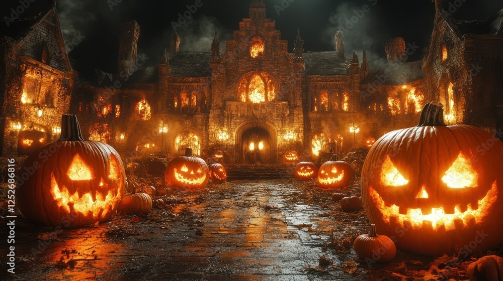 Halloween Night at the Haunted Mansion: Jack-o'-lanterns Illuminate a Spooky Scene Halloween Night at the Haunted Mansion: Jack-o'-lanterns Illuminate a Spooky Scene