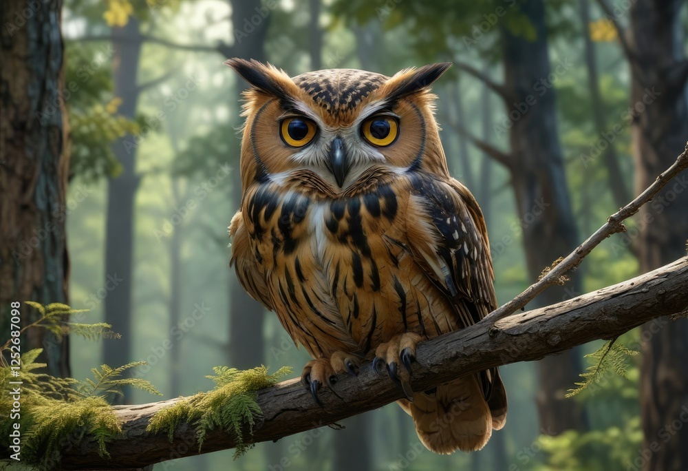 Large owl with rounded head and ear tufts perched on a branch in the forest canopy, woodland creatures, forest canopy, tree branches Large owl with rounded head and ear tufts perched on a branch in the forest canopy, woodland creatures, forest canopy, tree branches