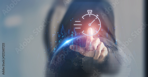 Customer service with AI, speed of service concept. Touching screen with quick service tech icon. Response and resolution times in SLA. Ensuring clients receive timely help and service from provider.