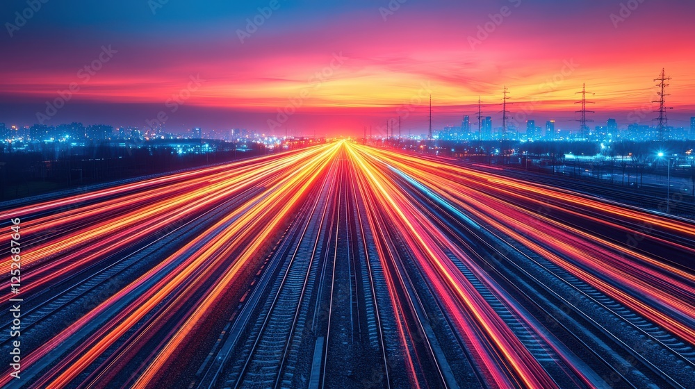 Vibrant sunset over railway tracks with light trails and city skyline in the background Vibrant sunset over railway tracks with light trails and city skyline in the background