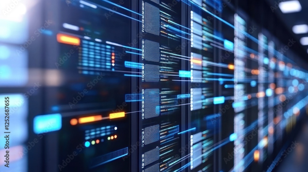 Data center server room, digital streams flow, glowing displays, tech background, network security Data center server room, digital streams flow, glowing displays, tech background, network security