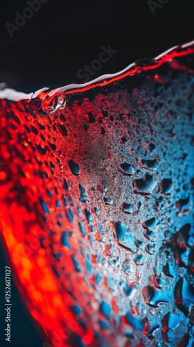 Vibrant liquid with colorful reflections and droplets in a close-up view
