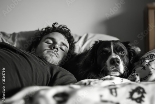 Man resting peacefully in bed with dog during morning light