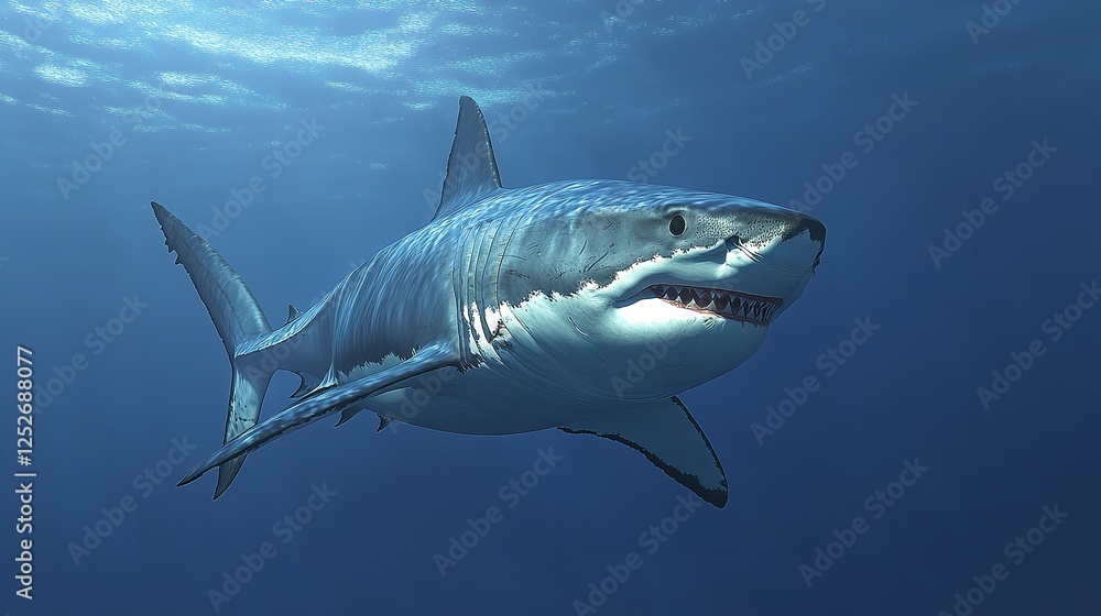 Fototapeta premium A Megalodon shark in the deep sea Large and sharp-toothed, swimming in the deep sea, among small prehistoric fish.