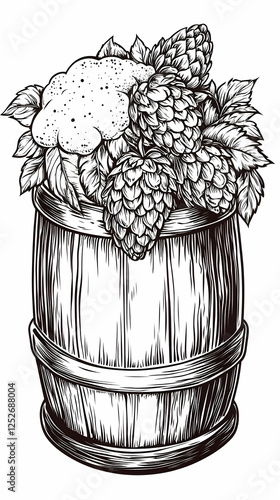 Hops in Wooden Barrel Illus...